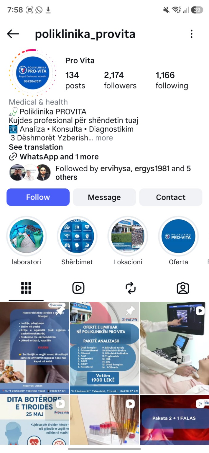 Profili social i Poliklinika Pro Vita